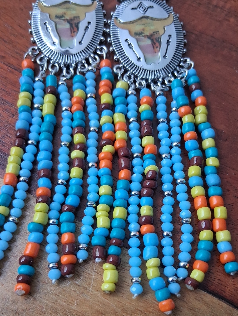Justin Boots Turquoise, Orange, Yellow & Brown Beaded Long Fringe Earrings - Picture 4 of 6